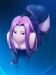 Rule 34 | 00s, 1girl, all fours, ass, bare shoulders, black thighhighs, breasts, cleavage, downblouse, dress, elbow gloves, face, fate/stay night, fate (series), gloves, large breasts, long hair, medusa (fate), medusa (rider) (fate), pink eyes, pink hair, solo, square pupils, strapless, strapless dress, submerged, thighhighs, water, yanagi (tsukiakari), zettai ryouiki
