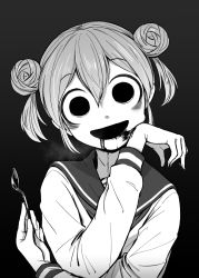 Rule 34 | 1girl, 4shi, :d, bags under eyes, black background, commentary request, dango-chan (4shi), dirty, dirty face, double bun, drooling, gradient background, greyscale, hair bun, highres, holding, holding spoon, hollow eyes, long sleeves, looking at viewer, monochrome, neckerchief, open mouth, original, sailor collar, school uniform, serafuku, shirt, short hair, smile, solo, spoon, upper body, wiping face