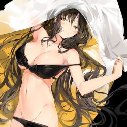 Rule 34 | 1girl, arm up, armpits, bare shoulders, bikini, black background, black bikini, blush, breasts, brown eyes, brown hair, cleavage, closed mouth, collarbone, commentary request, dutch angle, facial mark, fate/extra, fate/extra ccc, fate/grand order, fate (series), forehead mark, groin, highres, holding, large breasts, long hair, lying, navel, on back, see-through, sessyoin kiara, silver (chenwen), skindentation, smile, solo, swimsuit, very long hair, yellow eyes