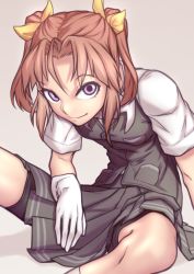 Rule 34 | 10s, 1girl, bike shorts, brown hair, gloves, kagerou (kancolle), kantai collection, looking at viewer, oda nubi, purple eyes, sitting, skirt, skirt drape, smile, solo, twintails, vest, white gloves