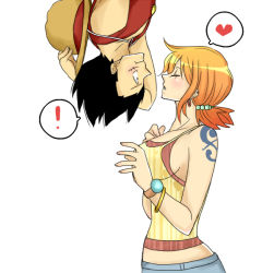 Rule 34 | bare shoulders, black hair, blush, breasts, chiroru shimai, closed eyes, couple, hat, heart, large breasts, monkey d. luffy, nami (one piece), one piece, orange hair, short hair, simple background, straw hat, tattoo