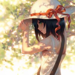 Rule 34 | 1girl, adjusting clothes, adjusting headwear, armpits, arms up, back, bare arms, bare shoulders, black hair, blush, dappled sunlight, day, dress, from side, green eyes, hat, hat ribbon, holding, holding clothes, holding hat, looking at viewer, original, outdoors, over shoulder, parted lips, pinakes, profile, red ribbon, ribbon, short hair, sleeveless, sleeveless dress, solo, sun hat, sundress, sunlight, upper body, white dress, white hat