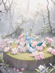 Rule 34 | absurdres, animal focus, aqua eyes, blue eyes, commentary request, creatures (company), flower, forest, game freak, gen 4 pokemon, gen 6 pokemon, glaceon, hatenachan, highres, leaf, nature, nintendo, no humans, on grass, one eye closed, outdoors, pawpads, pink flower, pokemon, pokemon (creature), prehensile hair, prehensile ribbon, sitting, sylveon, tail, tree, water, wetland, white fur