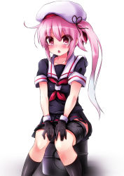 Rule 34 | 10s, 1girl, black gloves, black socks, blush, chestnut mouth, gloves, gradient hair, harusame (kancolle), highres, kantai collection, kneehighs, long hair, looking at viewer, multicolored hair, open mouth, pink eyes, pink hair, samoore, school uniform, serafuku, side ponytail, socks, solo, white background