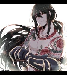Rule 34 | 1boy, black hair, crossed arms, fate/grand order, fate (series), gauntlets, green eyes, jewelry, letterboxed, long hair, male focus, namahamu (hmhm 81), necklace, ponytail, smile, solo, tattoo, topless male, very long hair, yan qing (fate)