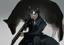 Rule 34 | 1boy, animal ears, black eyes, black hair, comparison, emiya kiritsugu, ethfinch, fate/zero, fate (series), formal, from above, frown, gun, highres, holding, holding gun, holding weapon, kemonomimi mode, looking at viewer, on one knee, rifle, serious, sniper rifle, solo, suit, trait connection, tsurime, weapon, wolf ears