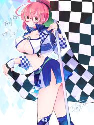 Rule 34 | 1girl, ahoge, blue gloves, blue skirt, bob cut, breasts, brown eyes, checkered clothes, checkered flag, checkered skirt, commentary request, commission, cropped jacket, fingerless gloves, flag, glasses, gloves, green hair, highres, kantai collection, large breasts, multicolored hair, pink-framed eyewear, pink hair, ponytail, race queen, semi-rimless eyewear, short hair, skeb commission, skirt, smile, streaked hair, tobari (seaetana), translation request, ume (kancolle), under-rim eyewear, white gloves