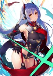 Rule 34 | 1girl, ahoge, android, arm guards, armpits, bare shoulders, black gloves, black leotard, black thighhighs, blue hair, blush, breasts, closed mouth, contrapposto, covered navel, elbow gloves, closed eyes, garter straps, gloves, glowing, hand on own hip, headgear, impossible clothes, impossible leotard, inayama, joints, large breasts, leaning forward, leotard, long hair, looking at viewer, multicolored eyes, nintendo, orange eyes, poppi (xenoblade), poppi qtpi (xenoblade), robot joints, smile, solo, standing, thighhighs, very long hair, xenoblade chronicles (series), xenoblade chronicles 2, yellow eyes