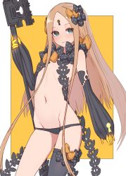 Rule 34 | 1girl, abigail williams (fate), abigail williams (second ascension) (fate), absurdres, bare shoulders, black bow, black panties, black thighhighs, blonde hair, blue eyes, border, bow, breasts, closed mouth, detached sleeves, fate/grand order, fate (series), forehead, hair bow, highres, key, keyhole, kopaka (karda nui), long hair, multiple hair bows, navel, orange bow, panties, parted bangs, ribbed sleeves, single thighhigh, small breasts, smile, staff, thighhighs, thighs, underwear, white border, yellow background