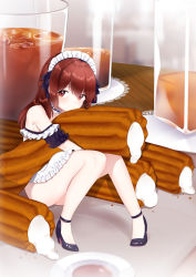 Rule 34 | 1girl, amo (rnrkrn), bare shoulders, brown eyes, brown hair, churro, coffee, cream, cup, drinking glass, dripping, food, high heels, highres, ice, ice cube, in food, long hair, looking at viewer, maid headdress, mini person, minigirl, hugging object, original, solo