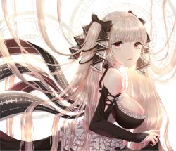 Rule 34 | 1girl, azur lane, black bow, black dress, black ribbon, blunt bangs, bow, breasts, dress, eyelashes, flight deck, formidable (azur lane), frilled dress, frills, from side, grey hair, hair bow, hair ribbon, hand up, highres, large breasts, long hair, looking at viewer, parted lips, platinum blonde hair, red eyes, ribbon, sideboob, sidelocks, solo, twintails, two-tone dress, two-tone ribbon, user kgck7432, very long hair, white dress, white ribbon