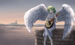 Rule 34 | angel wings, bare shoulders, closed eyes, crossed legs, dress, dusk, earrings, feathered wings, green hair, hatsuseno alpha, highres, holding, holding instrument, instrument, jewelry, landscape, lighthouse, nakamoto vic, ponytail, sitting, sky, sleeveless, sleeveless dress, white dress, wings, yokohama kaidashi kikou