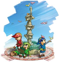 Rule 34 | 3boys, belt, bird, blue hair, blue headwear, blue sky, blue tunic, boots, brown belt, brown footwear, cat, closed eyes, green hair, green headwear, green tunic, unworn headwear, holding, holding sword, holding weapon, link, multiple boys, multiple persona, nintendo, official art, open mouth, outdoors, pointy ears, red hair, red headwear, red tunic, short hair, sky, statue, stone floor, sword, teeth, the legend of zelda, the legend of zelda: tri force heroes, toon link, transparent background, upper teeth only, weapon