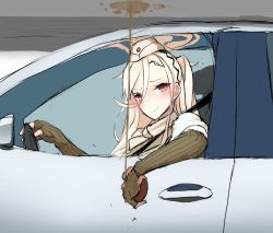 Rule 34 | 1girl, a-91 (girls frontine), absurdres, alcohol, blonde hair, blush, brown eyes, car, driving, elbow gloves, fingerless gloves, girls&#039; frontline, gloves, hair between eyes, hat, highres, hip flask, holding, long hair, looking at viewer, motor vehicle, ponytail, seatbelt, smile, solo, spilling, upside-down, yanagui
