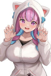 Rule 34 | 1girl, 9696k, absurdres, ahoge, animal hood, black shirt, blue hair, blue nails, blush, braid, breasts, cat hood, claw pose, collarbone, colored inner hair, dyed ahoge, fingernails, highres, hololive, hood, hoodie, lace, lace-trimmed shirt, lace trim, large breasts, light blue hair, long hair, long sleeves, looking at viewer, minato aqua, multicolored hair, nail polish, nervous smile, open mouth, paw print, purple eyes, purple hair, shirt, simple background, sleeves past wrists, smile, solo, streaked hair, twin braids, twintails, two-tone hair, upper body, virtual youtuber, white background, white hood, white hoodie