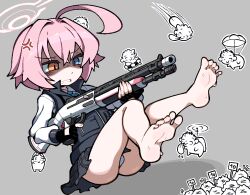 Rule 34 | 1girl, ahoge, average-hanzo, bare legs, barefoot, black skirt, blue archive, blue eyes, bulletproof vest, commentary, doodle sensei (blue archive), english commentary, feet, foot focus, full body, grey background, gun, halo, heterochromia, holding, holding gun, holding weapon, hoshino (blue archive), hoshino (young) (blue archive), huge ahoge, legs up, licking foot, long sleeves, miniskirt, orange eyes, panties, parted lips, pink hair, pink halo, plaid, plaid skirt, pleated skirt, puffy long sleeves, puffy sleeves, sensei (blue archive), shaded face, shirt, short hair, shotgun, simple background, sitting, skirt, soles, solo focus, teeth, toes, underwear, weapon, white panties, white shirt