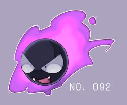 Rule 34 | animal focus, black eyes, constricted pupils, creatures (company), fangs, floating, full body, game freak, gastly, gen 1 pokemon, ghost, happy, kureson (hayama baa), nintendo, no humans, open mouth, outline, pokedex number, pokemon, pokemon (creature), purple background, purple theme, simple background, smile, white outline