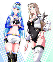 2girls arm_ribbon bandeau black_bandeau black_choker blonde_hair blue_hair bracelet braid checkered_background choker crown_braid double-parted_bangs earrings eiyuu_densetsu elaine_auclair english_text eyewear_on_head falcom fingerless_gloves front_zipper gloves gradient_background green_eyes hair_between_eyes hime_cut jewelry kuro_no_kiseki kuro_no_kiseki_(series) kuro_no_kiseki_i kuro_no_kiseki_ii leotard long_hair looking_at_viewer multiple_girls navel pendant_choker race_queen ribbon risette_twinings shorts sunglasses thighhighs xiacheng_tatsuya yellow_eyes zipper zipper_leotard