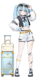 Rule 34 | 1girl, absurdres, arahashi tabi, arm up, asymmetrical legwear, bag, bandaid, bandaid on knee, bandaid on leg, black jacket, black shorts, blue eyes, blue footwear, blue hair, blue vest, closed mouth, collared shirt, commentary request, crossed bandaids, eyewear on head, full body, grey-framed eyewear, hair between eyes, hand on own hip, highres, jacket, long hair, long sleeves, looking at viewer, nanana narang, open clothes, open jacket, puffy long sleeves, puffy sleeves, rolling suitcase, shirt, shoes, short shorts, shorts, simple background, sleeves past wrists, smile, socks, solo, standing, stellive, suitcase, sunglasses, twintails, vest, virtual youtuber, white background, white shirt, white shorts, white socks
