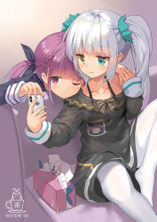 Rule 34 | 2girls, :3, aliter, black dress, black ribbon, blue eyes, blush, braid, brown eyes, cellphone, closed mouth, collarbone, commentary, couch, crossover, dress, fingernails, hair ornament, hair ribbon, heterochromia, highres, holding, holding phone, hololive, kagura gumi, kagura mea, knee up, long hair, long sleeves, minato aqua, multiple girls, no shoes, off-shoulder dress, off shoulder, on couch, one eye closed, pantyhose, phone, purple eyes, purple hair, ribbon, sidelocks, signature, silver hair, sitting, sleeves past wrists, tissue box, twintails, virtual youtuber, white legwear, yuri