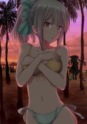 Rule 34 | 10s, 1girl, abyssal ship, beach, bikini, blush, brown eyes, covering privates, covering breasts, dusk, highres, ichikawa feesu, kantai collection, looking at viewer, md5 mismatch, navel, palm tree, ponytail, resolution mismatch, side-tie bikini bottom, silhouette, silver hair, solo focus, source smaller, swimsuit, tree, wo-class aircraft carrier, yuubari (kancolle)