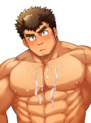 Rule 34 | 1boy, abs, bara, blush, brown hair, cum, cum on body, cum on male, cum on pectorals, facial, facial hair, goatee, goatee stubble, implied yaoi, large pectorals, long sideburns, looking at viewer, male focus, muscular, muscular male, nipples, nude, obliques, oskn tengoku, parted lips, pectorals, scar, short hair, sideburns, solo, sparse chest hair, strongman waist, stubble, takabushi kengo, thick eyebrows, tokyo houkago summoners, upper body