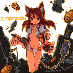 Rule 34 | &gt;:(, 1girl, android, animal ears, arm cannon, artist name, brown eyes, brown hair, cable, cable tail, dress shirt, fake animal ears, frown, gun, long hair, mechanical parts, mechanical tail, nancou (nankou), open clothes, open shirt, original, panties, print panties, ringed eyes, shell casing, shirt, solo, tail, underwear, usb, v-shaped eyebrows, weapon