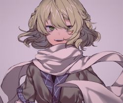 Rule 34 | 1girl, bad id, bad twitter id, blonde hair, green eyes, grey background, looking at viewer, mizuhashi parsee, momotarou (4188momoko), open mouth, scarf, short hair, short sleeves, simple background, slit pupils, solo, touhou, upper body, white scarf