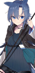 Rule 34 | 1girl, animal ears, arknights, black choker, blue eyes, blue hair, blush, choker, dress, fang (arknights), hair between eyes, holding, holding weapon, id card, jacket, long hair, long sleeves, looking at viewer, open clothes, open jacket, pinch (nesume), simple background, solo, thigh strap, very long hair, weapon, white background