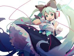 Rule 34 | 1girl, aqua eyes, aqua hair, aqua necktie, black bow, bow, breasts, framed breasts, gloves, hatsune miku, headphones, highres, holding, holding microphone, hoop skirt, lanter qwq, large breasts, long hair, looking at viewer, magical mirai miku, magical mirai miku (2016), microphone, necktie, open mouth, short necktie, sketch, solo, twintails, very long hair, vocaloid, white background, white gloves