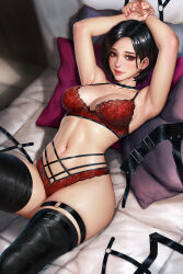 Rule 34 | 1girl, ada wong, armpits, arms up, bed, black choker, black hair, black thighhighs, bob cut, bra, breasts, brown eyes, choker, closed mouth, earrings, highres, jewelry, lips, looking at viewer, lying, medium breasts, navel, neoartcore, on back, on bed, panties, pillow, red bra, red nails, red panties, resident evil, resident evil 4, short hair, skindentation, solo, stomach, stud earrings, thigh strap, thighhighs, underwear, underwear only