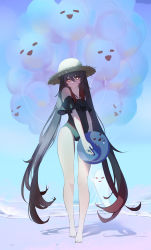 Rule 34 | 1girl, absurdres, balloon, bare legs, bare shoulders, barefoot, boo tao (genshin impact), brown hair, closed eyes, closed mouth, fang, feet, frilled one-piece swimsuit, frilled swimsuit, frills, full body, genshin impact, ghost, hat, highres, hu tao (genshin impact), legs, long hair, looking at viewer, one-piece swimsuit, open mouth, qixia, red eyes, standing, star-shaped pupils, star (symbol), straw hat, swimsuit, symbol-shaped pupils, toes, very long hair
