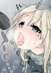 Rule 34 | 10s, 1girl, black eyes, black hat, blonde hair, blush, breasts, commentary request, cropped jacket, drooling, ebifurya, ehoumaki, fellatio, food, garrison cap, gradient background, grey background, grey jacket, hair between eyes, hat, highres, jacket, kantai collection, makizushi, nose blush, open mouth, oral, saliva, saliva trail, sexually suggestive, sidelocks, simulated fellatio, small breasts, solo, solo focus, sushi, tearing up, tears, tongue, tongue out, torogao, trembling, u-511 (kancolle), upper body