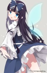 Rule 34 | 1girl, :d, arm at side, black hair, blue dress, blue eyes, blunt bangs, blush, bow, dress, fairy wings, frilled skirt, frills, from behind, grey background, hair bow, highres, juliet sleeves, long hair, long sleeves, looking at viewer, looking back, momomaron, open hand, open mouth, petticoat, pinafore dress, puffy sleeves, shirt, simple background, sketch, skirt, sleeveless dress, smile, solo, standing, star (symbol), star sapphire, touhou, twitter username, very long hair, white shirt, wings