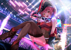Rule 34 | 1girl, absurdres, arena, ascot, bare shoulders, bicorne, bodystocking, boots, breasts, cleavage, crossed legs, glowstick, hat, heterochromia, hido (cherryhido), highres, hololive, houshou marine, houshou marine (1st costume), legs, microphone, pirate hat, red hair, smile, solo, sparks, stage lights, thighhighs, thighs, twintails, virtual youtuber