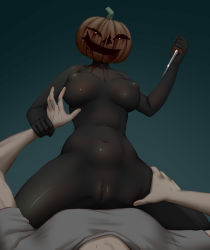 Rule 34 | 1boy, 1girl, absurdres, blood, blood on face, bodystocking, bodysuit, cameltoe, girl on top, glowing, glowing eyes, halloween, halloween costume, hand on thigh, highres, jesse jordan, knife, nipples visible through clothes, pumpkin, cameltoe, solo focus