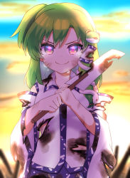 Rule 34 | 1girl, blue skirt, breasts, burnt clothes, closed mouth, collared vest, commentary request, crying, crying with eyes open, detached sleeves, dirty, dirty face, frog hair ornament, gohei, green eyes, green hair, hair ornament, hair tubes, highres, holding, kochiya sanae, long hair, long sleeves, looking at viewer, medium breasts, min1223, oonusa, outdoors, patterned clothing, skirt, smile, snake hair ornament, solo, star-shaped pupils, star (symbol), sunset, symbol-shaped pupils, tears, torn clothes, touhou, upper body, vest, white sleeves, white vest
