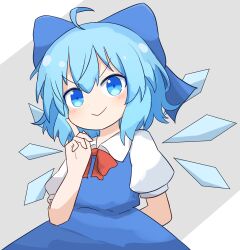 Rule 34 | 1girl, ahoge, arm behind back, blue bow, blue dress, blue eyes, blue hair, bow, cirno, closed mouth, collared shirt, commentary request, coruthi, doyagao, dress, finger to cheek, grey background, hair bow, highres, medium hair, neck ribbon, pinafore dress, puffy short sleeves, puffy sleeves, red ribbon, ribbon, shirt, short sleeves, simple background, sleeveless, sleeveless dress, smile, smug, solo, touhou, v-shaped eyebrows, white shirt