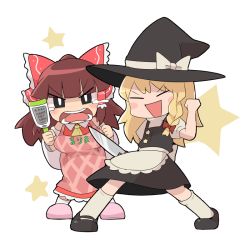 Rule 34 | 2girls, apron, black eyes, black footwear, black headwear, black skirt, black vest, blonde hair, blunt bangs, blush stickers, bow, braid, breasts, brown hair, closed eyes, commentary request, cookie (touhou), crying, crying with eyes open, detached sleeves, frilled bow, frills, full body, grater, hair bow, hakurei reimu, hat, hat bow, holding, holding knife, kasugai (nicoseiga12232888), kirisame marisa, knife, long hair, looking at viewer, mary janes, medium breasts, multiple girls, necktie, open mouth, pink apron, pink footwear, red bow, red shirt, rurima (cookie), shirt, shoes, side braid, single braid, skirt, socks, standing, star (symbol), suzu (cookie), tears, touhou, vest, waist apron, white background, white bow, white legwear, white shirt, white sleeves, witch hat, yellow neckwear