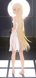 Rule 34 | 1girl, absurdres, barefoot, blonde hair, breasts, camui1104, closed mouth, commentary, dress, eyelashes, feet, from behind, full moon, highres, indoors, kiss-shot acerola-orion heart-under-blade, kizumonogatari, light blush, long hair, looking at viewer, looking back, monogatari (series), moon, night, oshino shinobu, petite, pointy ears, profile, small breasts, solo, standing, strap slip, swept bangs, very long hair, white dress, window, window shadow