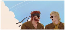 Rule 34 | 2boys, :d, bad id, bad twitter id, bandana, beard, big boss, blonde hair, blue sky, border, brown hair, chest hair, cloud, collarbone, commentary, english commentary, eyepatch, facial hair, film grain, from side, highres, kazuhira miller, looking at another, male focus, metal gear (series), mullet, multiple boys, mustache, open mouth, res (spkofthdvl), sky, smile, sunglasses, upper body, white border, yellow neckwear