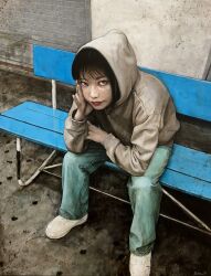 Rule 34 | 1girl, acrylic paint (medium), bench, black hair, commentary request, denim, expressionless, full body, grey eyes, grey hoodie, head rest, highres, hood, hood up, hoodie, jeans, looking at viewer, original, outdoors, painting (medium), pants, realistic, satou t, shoes, sitting, sneakers, solo, traditional media, white footwear