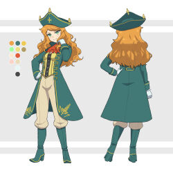 Rule 34 | 1girl, ascot, bella maiz, bicorne, boots, breasts, coat, color guide, facing away, freckles, gloves, green coat, green eyes, green footwear, grey background, hand on own hip, hand up, hat, highres, long hair, looking at viewer, multiple views, original, pirate, red ascot, small breasts, smile, solo, standing, urin (littleurin), white gloves
