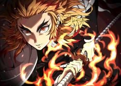 Rule 34 | 1boy, blonde hair, commentary request, demon slayer uniform, fantasy, fire, forked eyebrows, holding, japanese clothes, katana, kimetsu no yaiba, long sleeves, looking at viewer, male focus, multicolored hair, red hair, rengoku kyoujurou, simple background, solo, sword, two-tone hair, weapon, yasuo (chisyu0204)