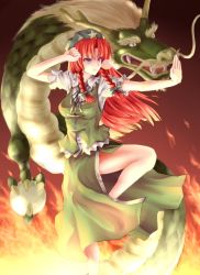 Rule 34 | 1girl, blue eyes, braid, china dress, chinese clothes, dragon, dress, eastern dragon, ex-meiling, female focus, fighting stance, hat, hong meiling, long hair, nose bubble, red hair, shimada (simada bu), sleeping, solo, embodiment of scarlet devil, touhou, twin braids