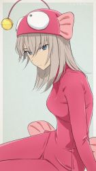 Rule 34 | 1girl, akagi (fmttps), anglerfish costume, artist name, blue eyes, bodysuit, closed mouth, commentary, fish costume, fish hat, frown, girls und panzer, grey background, highres, itsumi erika, leaning forward, long hair, looking at viewer, pink bodysuit, pink headwear, silver hair, sitting, solo, twitter username