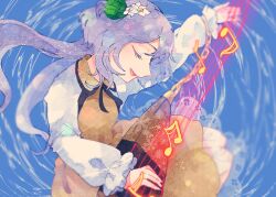 Rule 34 | 1girl, beamed sixteenth notes, biwa lute, blush, brown dress, closed eyes, dress, eighth note, flower, hair flower, hair ornament, instrument, itomugi-kun, long hair, long sleeves, lute (instrument), musical note, open mouth, purple hair, shirt, sixteenth note, smile, solo, touhou, tsukumo benben, white flower, white shirt