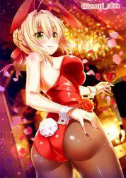 Rule 34 | 1girl, animal ears, ass, ass grab, bare shoulders, black pantyhose, blonde hair, blush, bow, braid, breasts, cup, drinking glass, fake animal ears, fate (series), flower, from below, grabbing own ass, green eyes, hair bow, hair intakes, hand on own ass, holding, holding cup, holding drinking glass, indoors, izumi akane, large breasts, lens flare, leotard, looking at viewer, looking down, nero claudius (fate), nero claudius (fate) (all), nero claudius (fate/extra), pantyhose, petals, pink petals, playboy bunny, rabbit ears, rabbit girl, rabbit tail, red bow, red flower, red ribbon, red rose, ribbon, rose, shoulder blush, smile, solo, sparkle, tail, thighs, twitter username, underboob, wine glass, wrist cuffs
