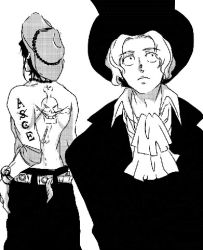 Rule 34 | 2boys, belt, bracelet, brothers, ascot, hat, jewelry, jolly roger, lowres, male focus, monochrome, multiple boys, necklace, one piece, portgas d. ace, sabo (one piece), topless male, siblings, tattoo, top hat