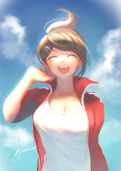 Rule 34 | 1girl, artist name, asahina aoi, blue eyes, blue sky, breasts, brown hair, cleavage, closed eyes, cloud, collarbone, commentary request, danganronpa: trigger happy havoc, danganronpa (series), day, hair ornament, hairclip, hand up, highres, jacket, large breasts, nyuukazai, open clothes, open jacket, open mouth, outdoors, ponytail, red jacket, shirt, short hair, sky, smile, solo, teeth, upper body, upper teeth only, white shirt